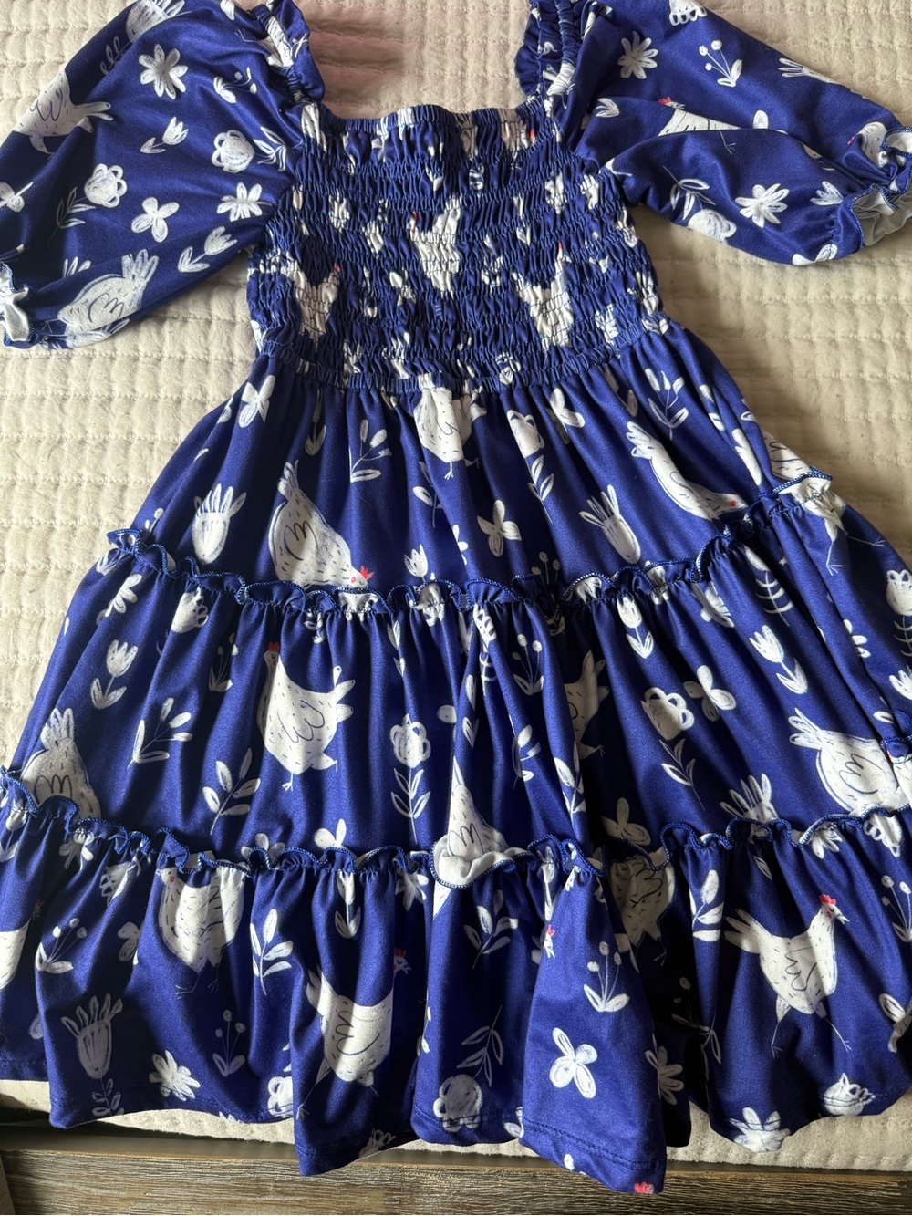 Girls Navy Blue Floral & Bunny Tiered Smocked Dress